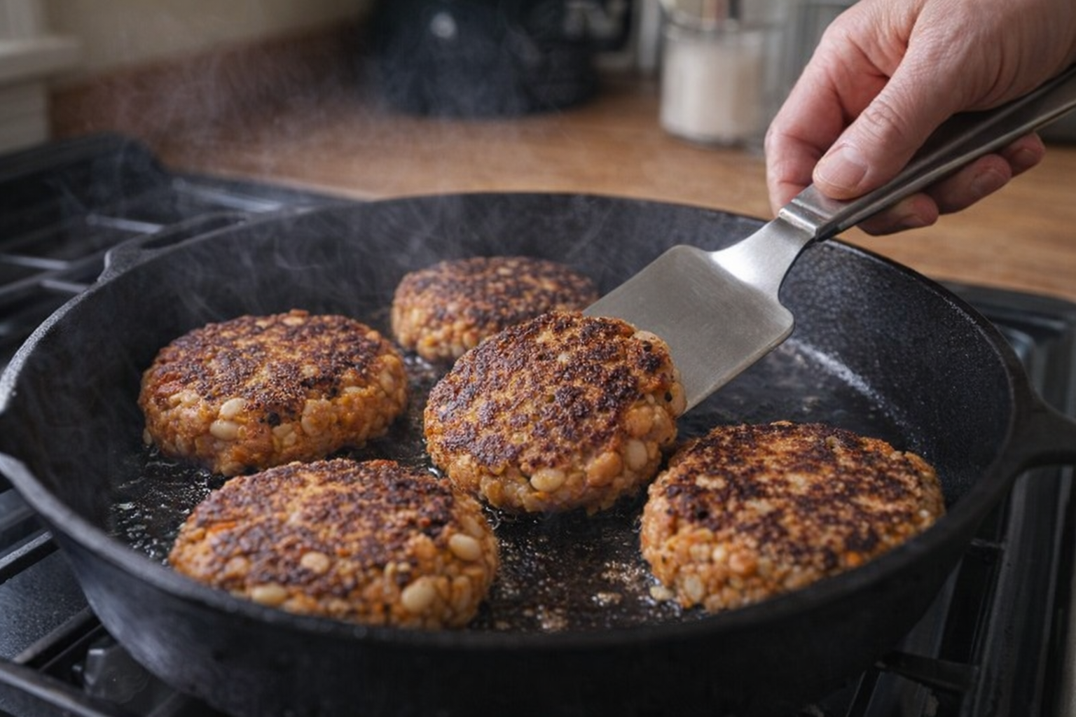 An action shot of sweet potato and white bean burgers cooking in a cast iron skillet, golden brown crust forming, spatula flipping a burger, medium heat, kitchen setting